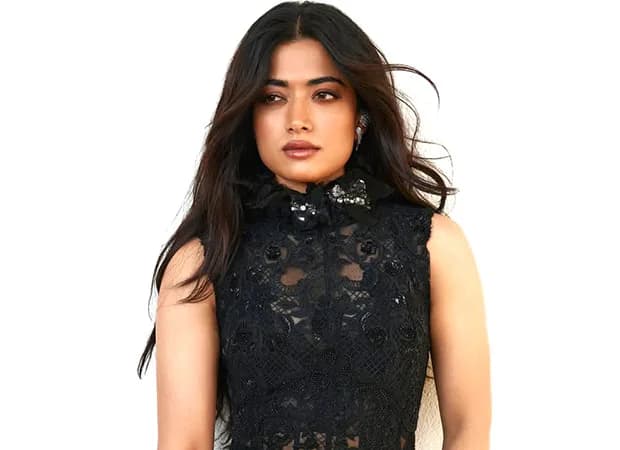 Rashmika Mandanna in a black sleeveless Anamika Khanna couture gown on the Vogue World Milan red carpet