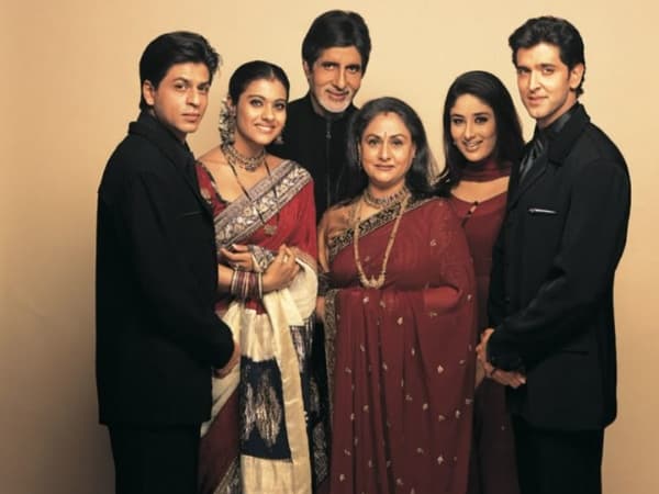 Still from Kabhi Khushi Kabhie Gham showing the Raichand family cast including Amitabh Bachchan, Shah Rukh Khan, Kajol, Hrithik Roshan and Kareena Kapoor Khan