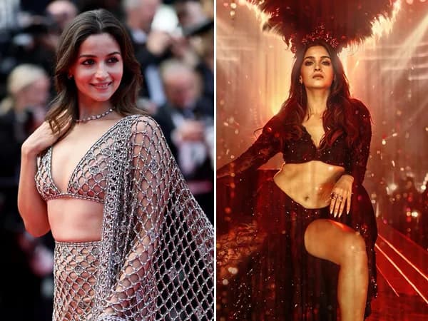 Alia Bhatt seated on a chair in a slit skirt, wearing a vintage‑style headpiece, against a rich retro backdrop for Love & War