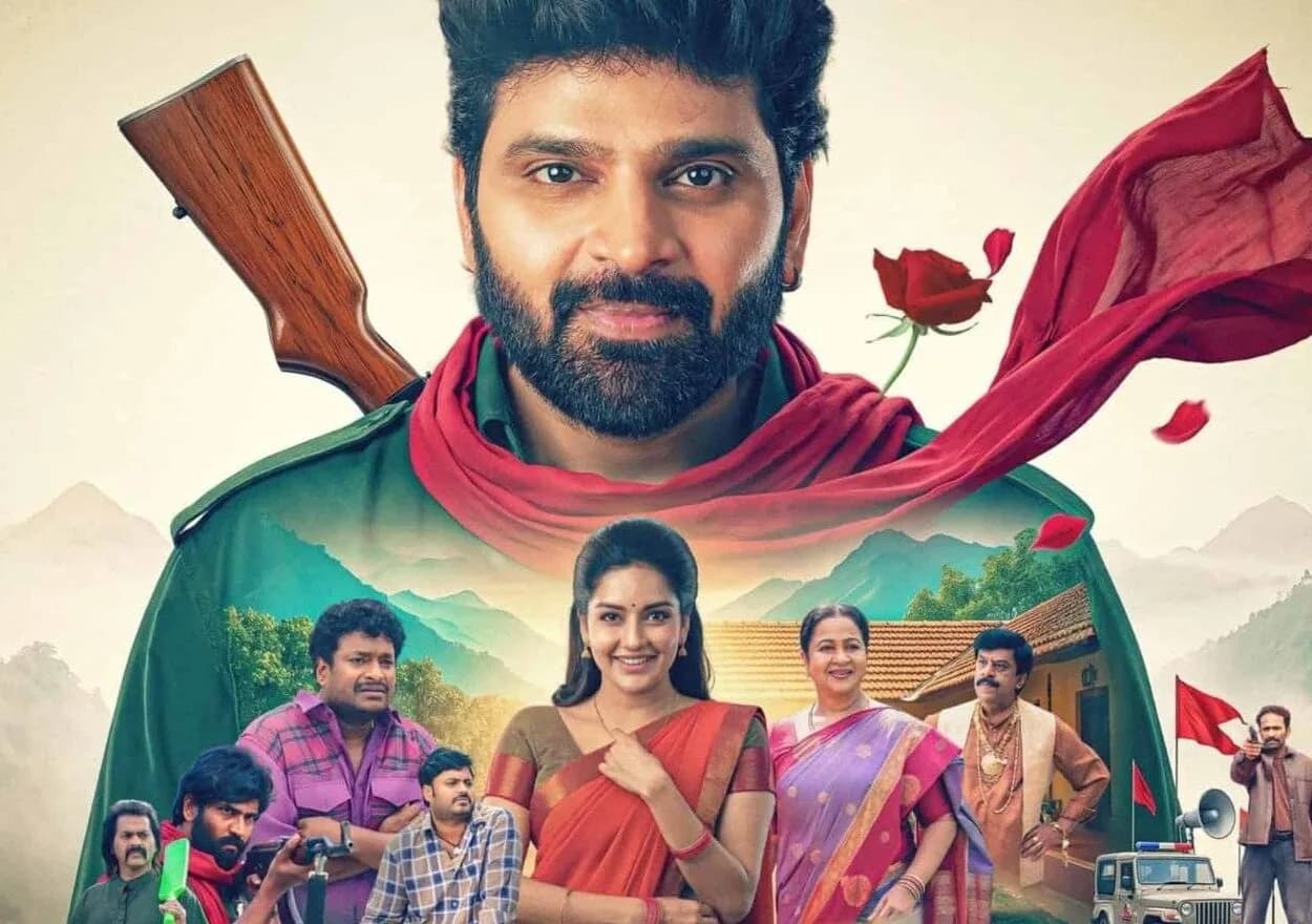 Sree Vishnu in a period action comedy outfit, standing in front of a rural border setting with a gun in hand