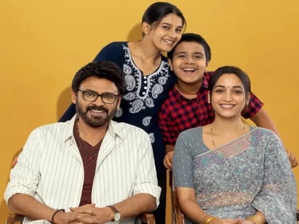 A still from the Adarsha Kutumbam – AK 47 trailer showing Venkatesh in a tense domestic scene
