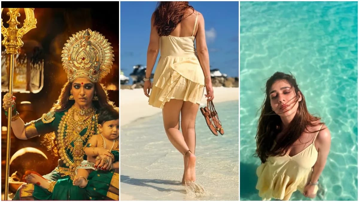Nayanthara standing on a sunny beach, wearing a light outfit, holding a cooling glass and smiling at the camera