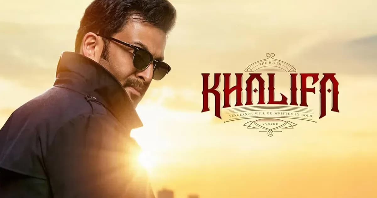 A promotional poster for the Malayalam film Khalifa, featuring Prithviraj Sukumaran in a dark suit, standing against a city skyline.