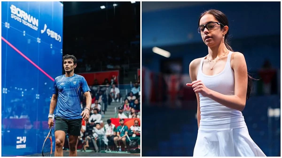 Anahat Singh raising her racket after the squash final at Nagoya 2026 Asian Games