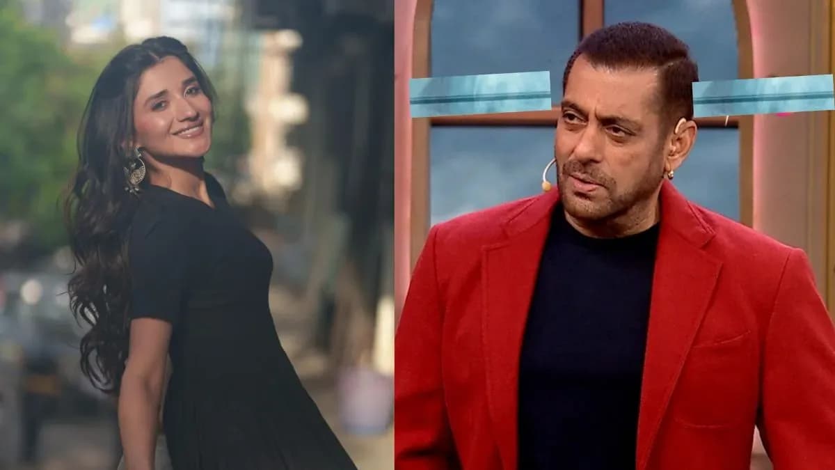 Salman Khan standing in front of the Bigg Boss house, smiling at Kanika Mann who stands beside him, looking composed.