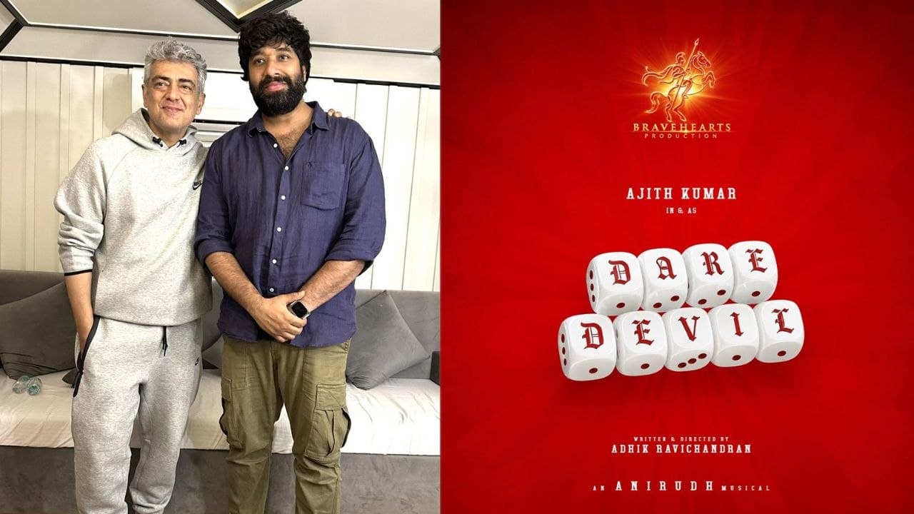 First-look poster of Ajith Kumar in an all-white suit and red-tinted glasses, seated in a red leather chair holding a die, for the film Dare Devil.