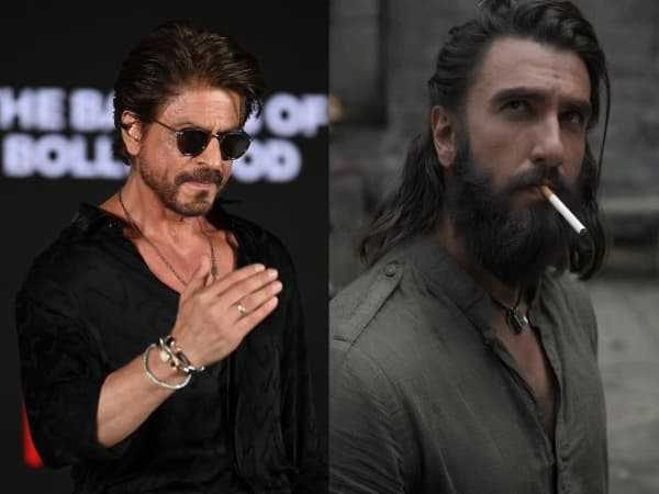 Shah Rukh Khan smiling at a public event, side by side with a promotional image of Ranveer Singh from Dhurandhar