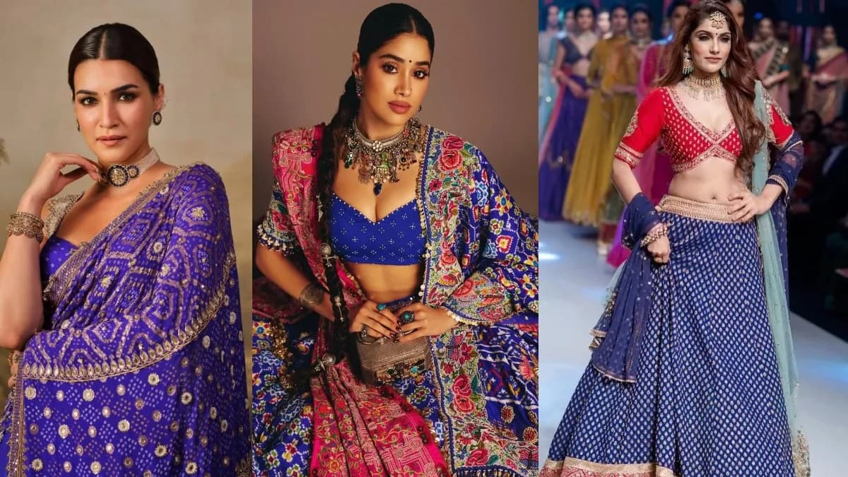 Kriti Sanon in a royal-blue Bandhani saree with gold motifs, statement choker, and gold bangles, styled with a sleek bun.