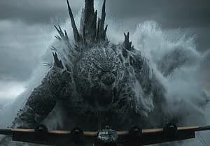 Godzilla and King Ghidorah face off in a scene from Godzilla Minus Zero