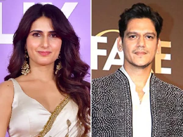 Fatima Sana Shaikh and Vijay Varma laughing together on the set of Gustaakh Ishq