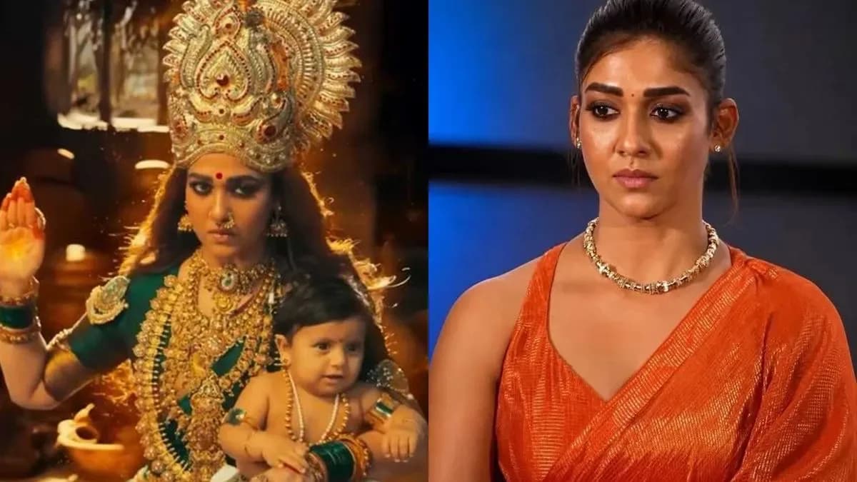 Poster of Mookkuthi Amma 2 featuring Nayanthara against a mythic backdrop with dramatic lighting