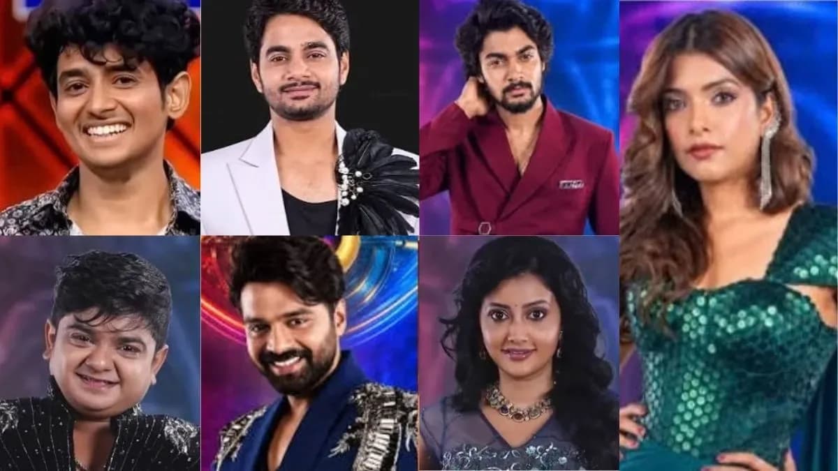 A dramatic still from Bigg Boss Telugu 10 featuring contestants in tense poses, with red and blue team colors dividing the frame.