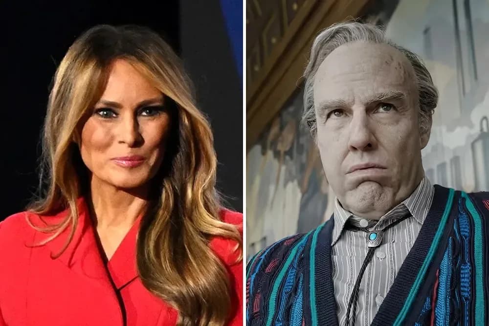 A split image: Tom Cruise in Digger costume, looking intense; a still from Melania showing Melania Trump in a serious pose.