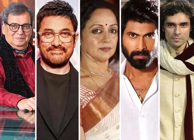 A collage of Aamir Khan, Hema Malini, Rana Daggubati, Imtiaz Ali, and Subhash Ghai standing together at Whistling Woods International, smiling at the camera.