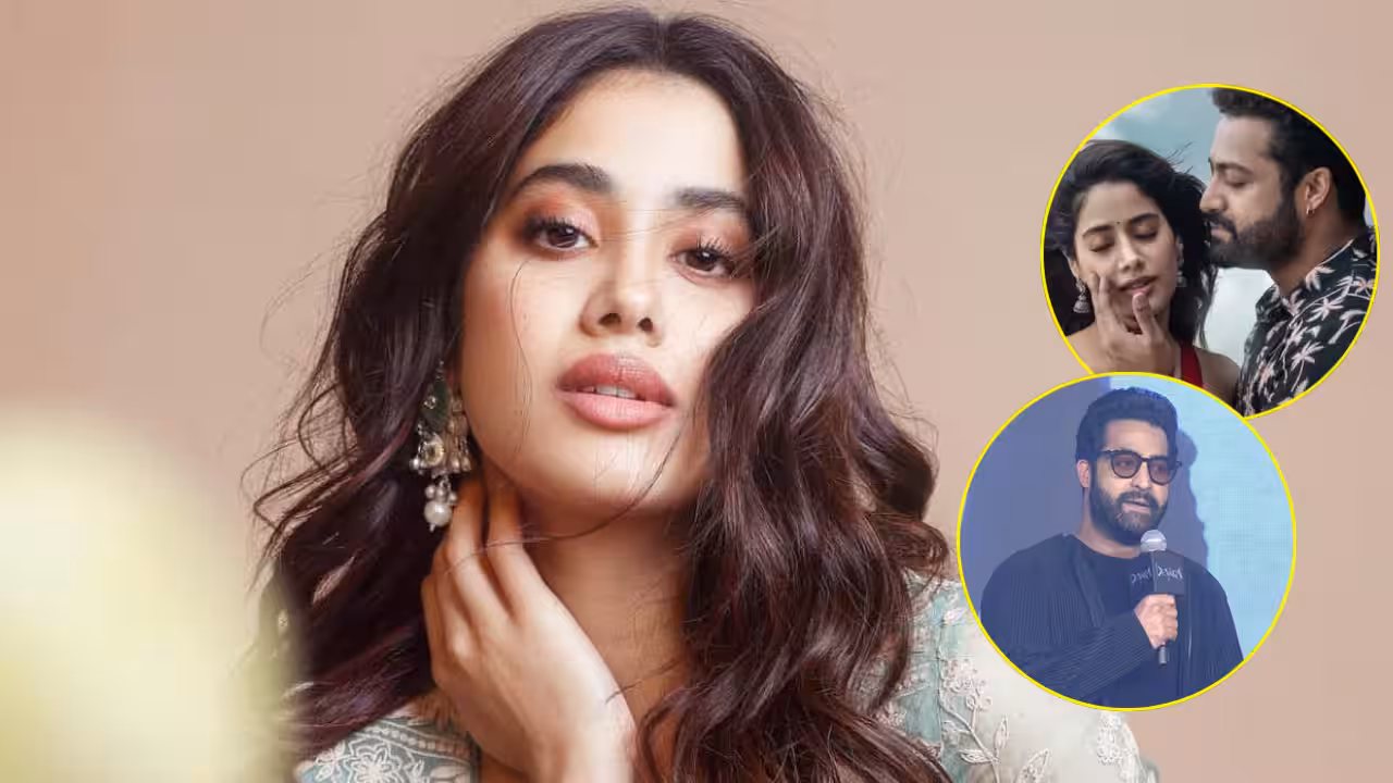 Janhvi Kapoor speaking into a microphone at a press event, looking determined.