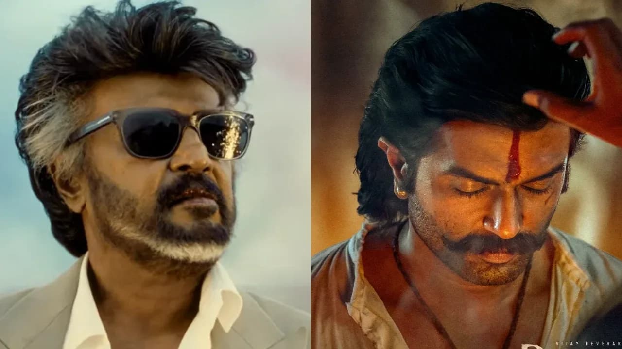 Poster collage featuring Rajinikanth in Jailer 2, Vijay Deverakonda in Ranabaali, and AK‑47 family drama artwork