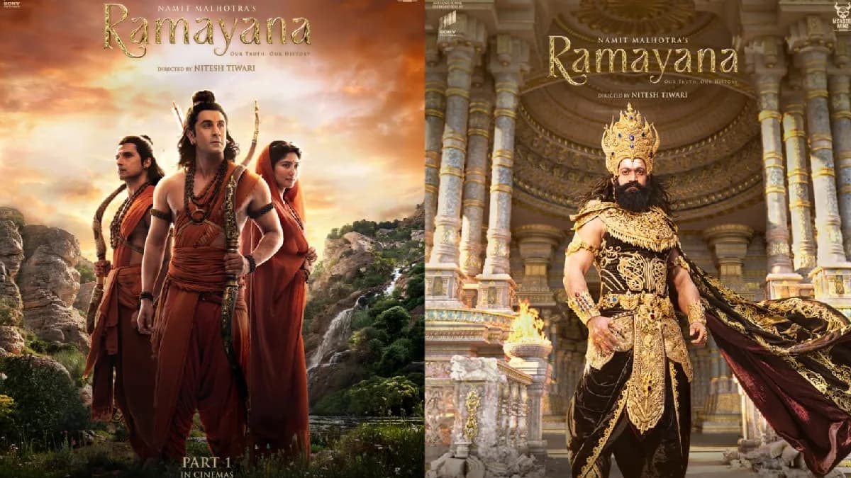 Poster of Yash as Ravana wearing a golden crown, jeweled bracelets and pearl necklaces, with a fierce expression.