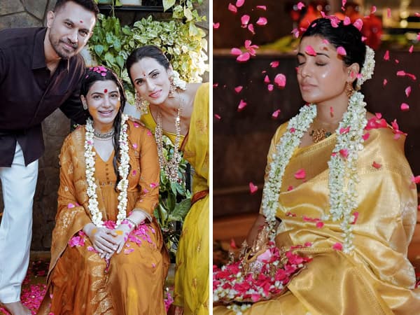 Samantha Ruth Prabhu seated during the Kalaa Aavarana ritual ceremony ahead of her pregnancy
