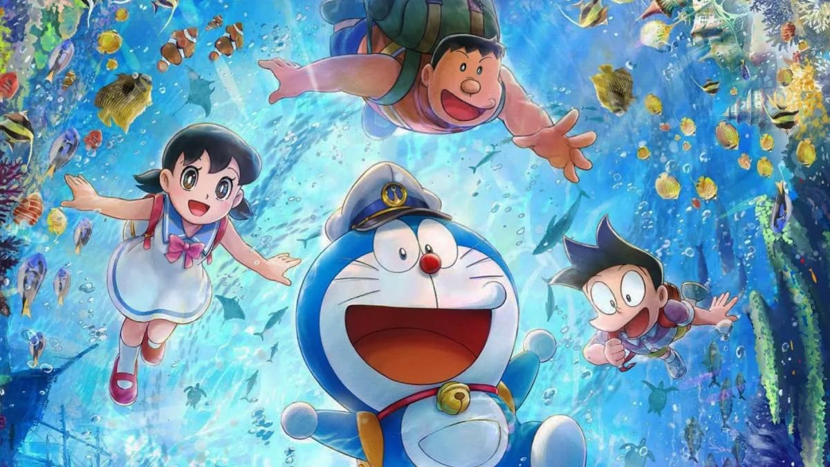 A still from Doraemon: Castle Of The Undersea Devil showing Doraemon and Nobita in an underwater castle.