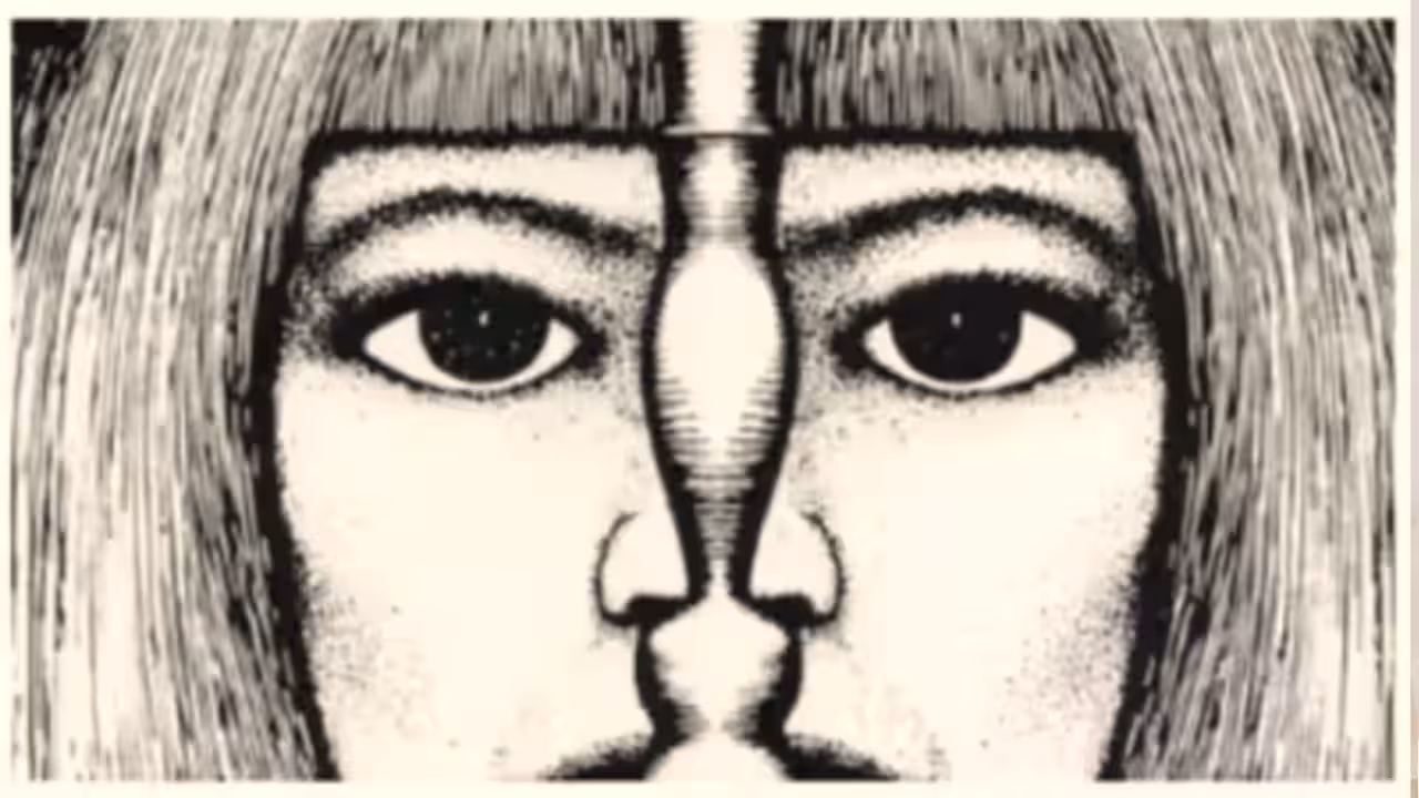 A black-and-white optical illusion featuring a woman’s face, two side profiles, and a candle.