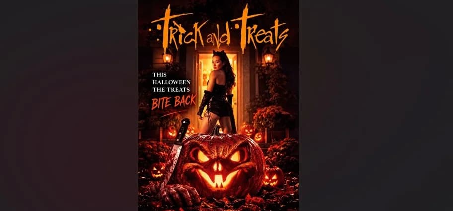 A cracked jack-o’-lantern face, eyes glowing red, mouth slightly open as if whispering.