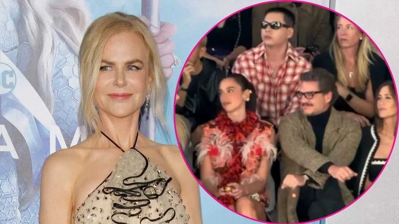 Nicole Kidman, Dua Lipa, Pedro Pascal, and Kristen Wiig posing together at Chanel's Spring/Summer 2027 fashion show in Paris.