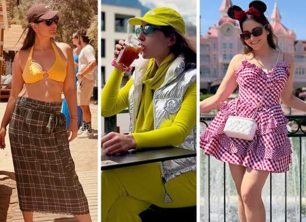 Collage showing Kareena Kapoor in Santorini, Alia Bhatt on an African safari, Parineeti Chopra at a Maldives resort, and Sara Ali Khan in Swiss Alps scenery