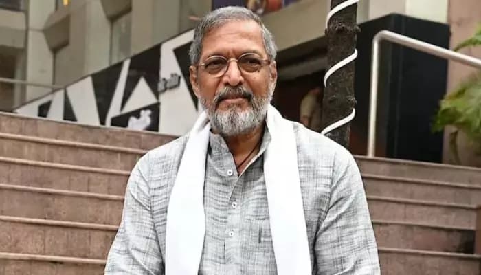 A black-and-white photo of Nana Patekar in profile, looking ahead with intensity.
