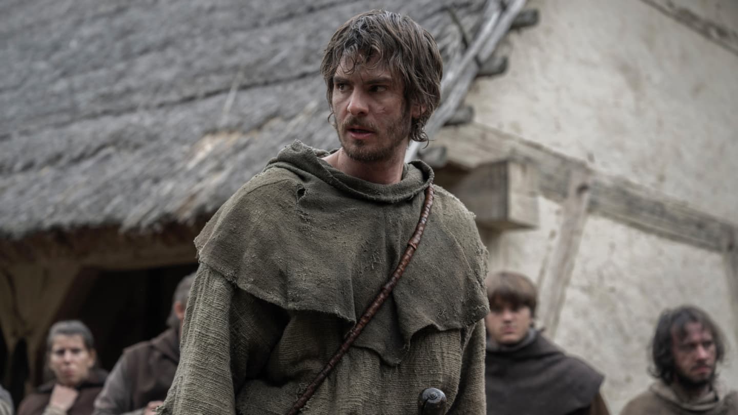Andrew Garfield in costume as Ploughman in a scene from The Uprising, directed by Paul Greengrass.