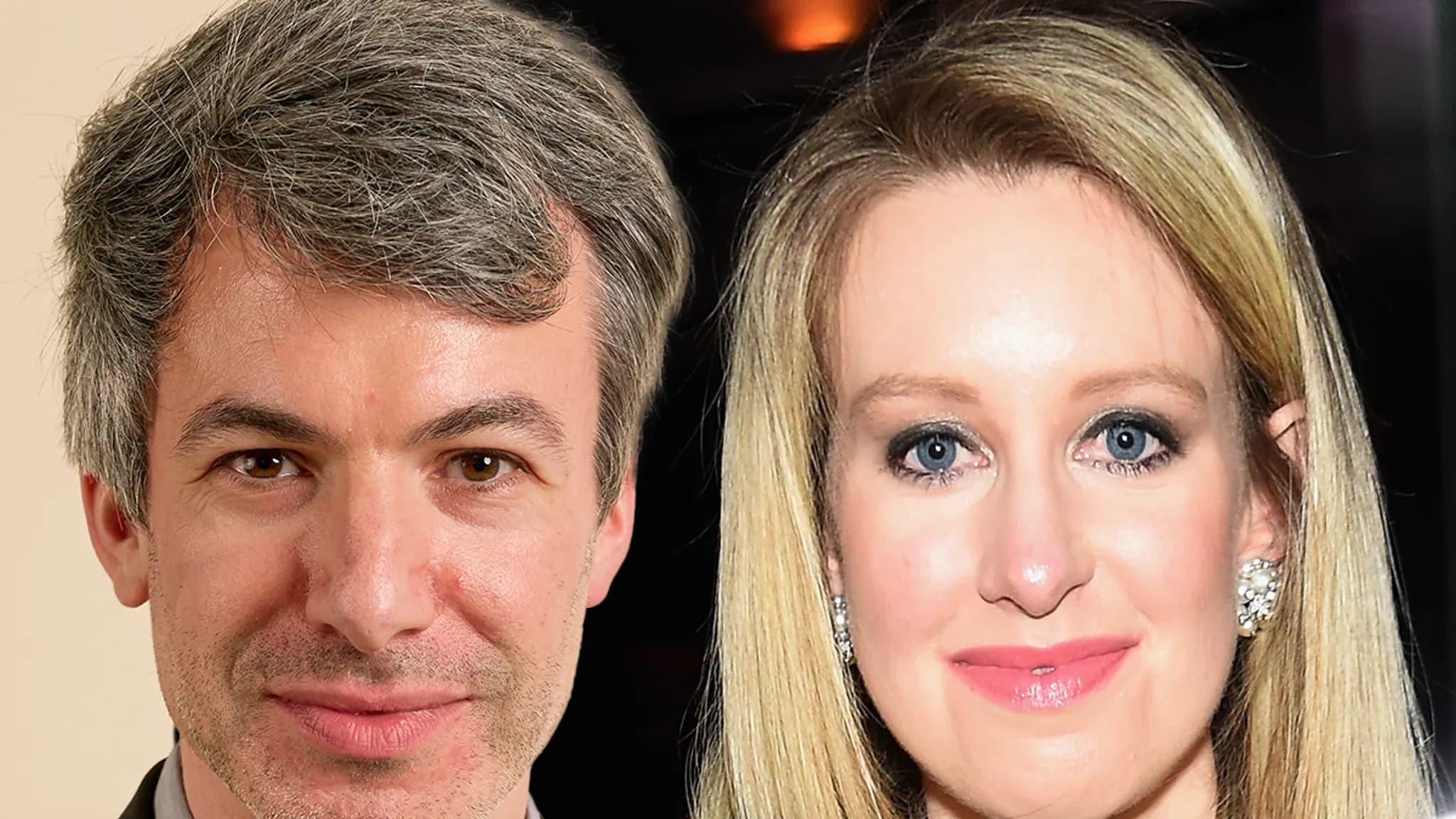 Teaser still from You Can See Everything showing Nathan Fielder and Elizabeth Holmes seated across from each other during a staring contest.