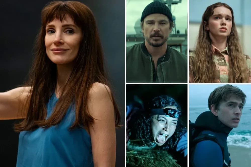 Split promotional imagery of Jessica Chastain in Other Mommy and Josh Hartnett in the Netflix series Below
