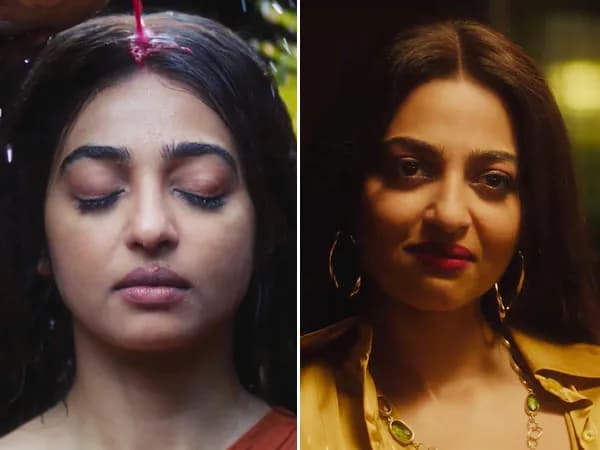 Radhika Apte in a dark, intense close-up, eyes sharp, hair wild. Background blurred, red lighting.