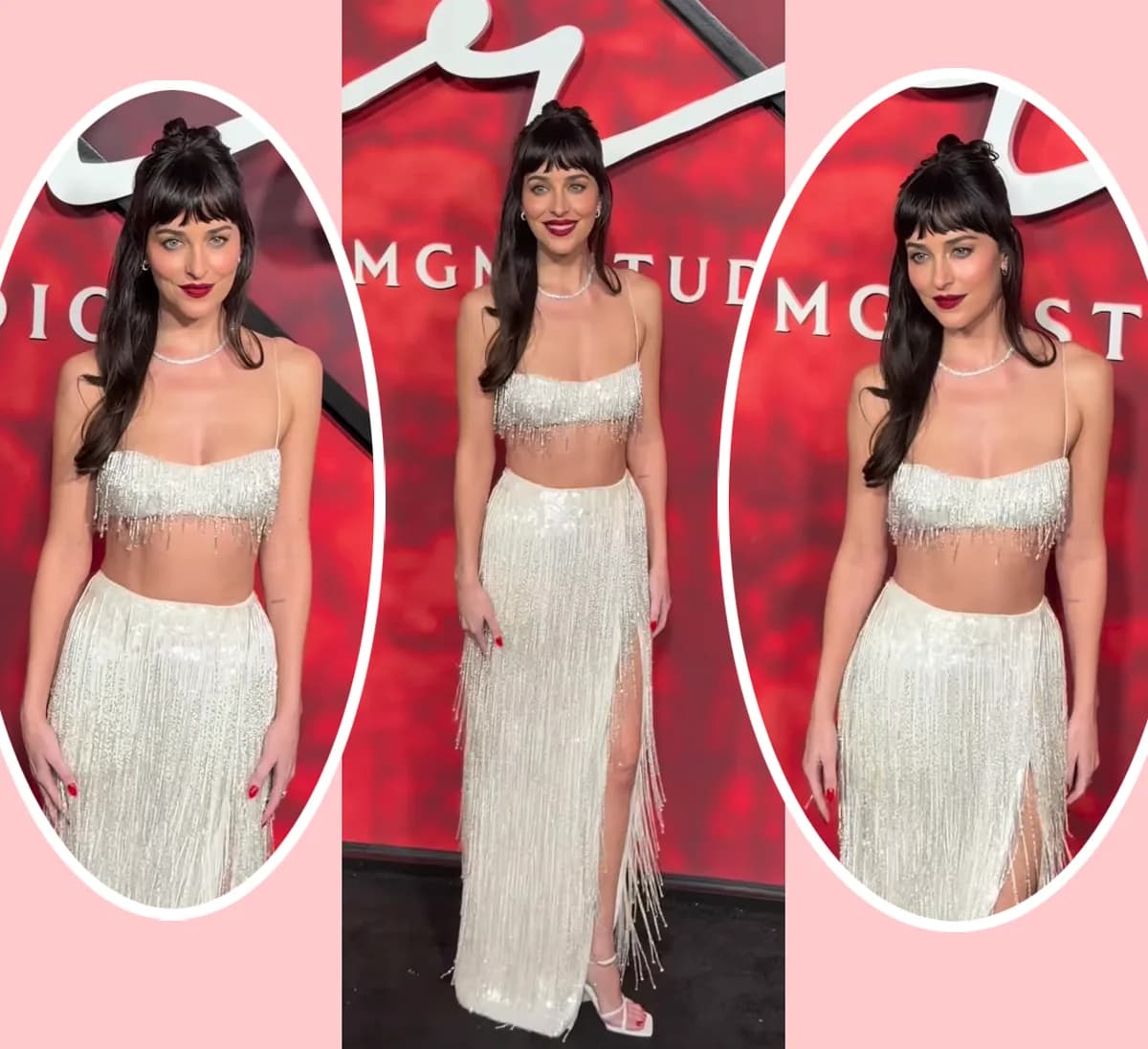 Dakota Johnson poses on the red carpet in a custom Calvin Klein outfit at the Verity premiere in New York City.