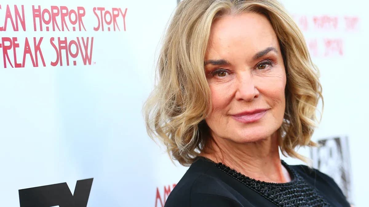 Jessica Lange smiling during a television interview promoting American Horror Story Season 13