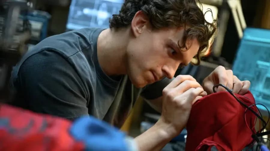 Tom Holland as Spider-Man in a cityscape, mid-swing.