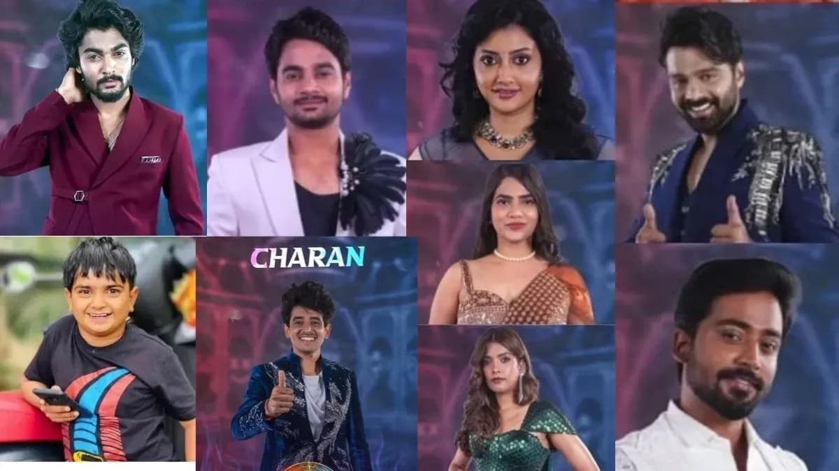 Screenshot of Trigun smiling during the Bigg Boss Telugu 10 week 4 nomination episode, with housemates in the background.