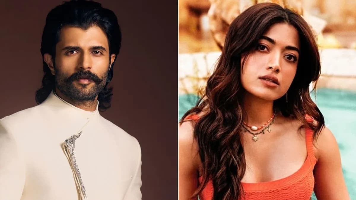 Vijay Deverakonda and Rashmika Mandanna in a dramatic scene from Ranabaali, standing against a stormy sky