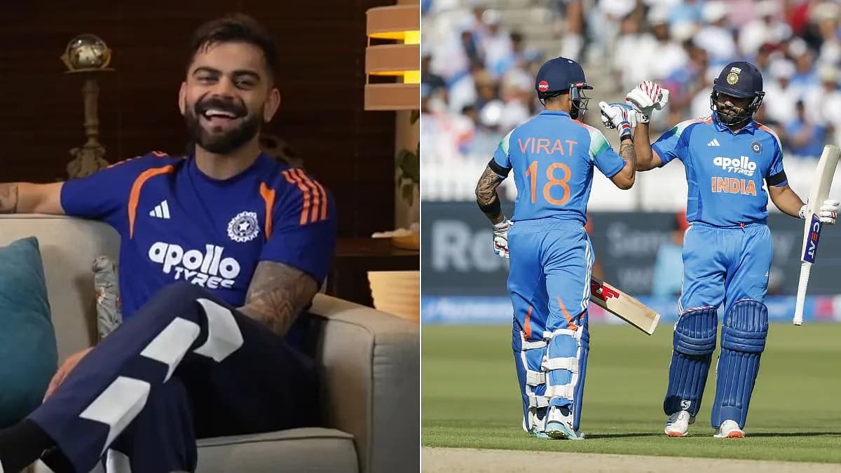 Virat Kohli speaking into microphone during Star Sports interview about the RoKo nickname