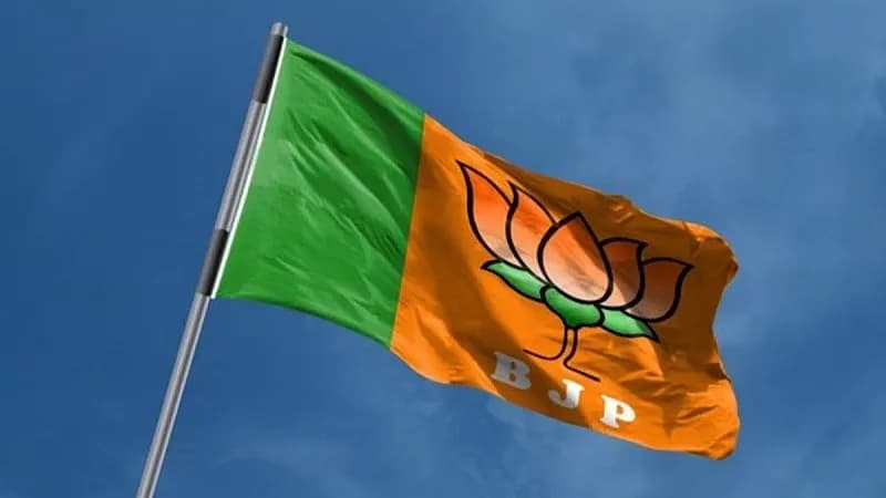 A political rally in Mumbai with BJP flags and banners