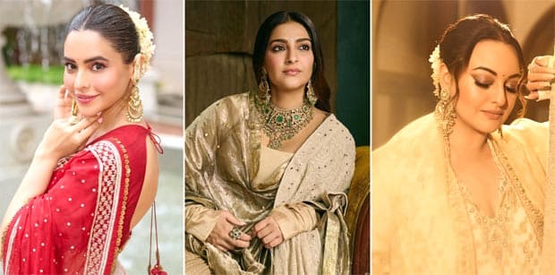Collage of Bollywood actresses in traditional ethnic wear and sarees for Ganesh Chaturthi celebrations