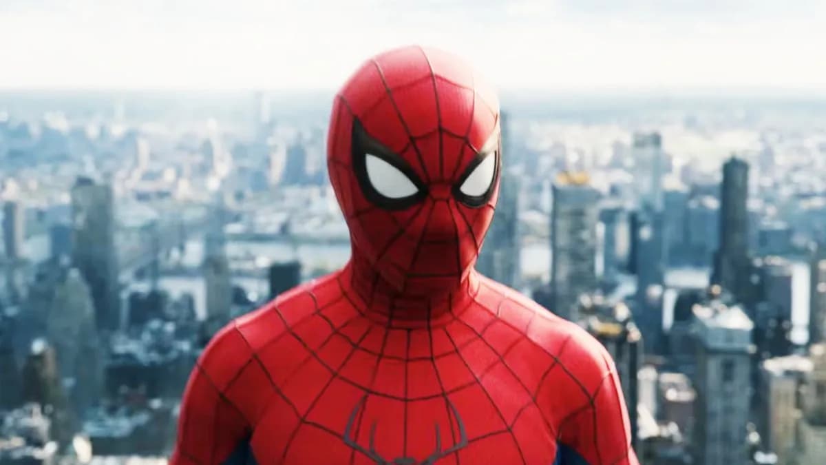 A promotional poster of Spider-Man: Brand New Day featuring Tom Holland as Spider-Man in a red-and-blue suit, standing against a city skyline.
