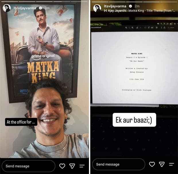 Vijay Varma poses for a selfie in front of the Matka King poster at the production office.
