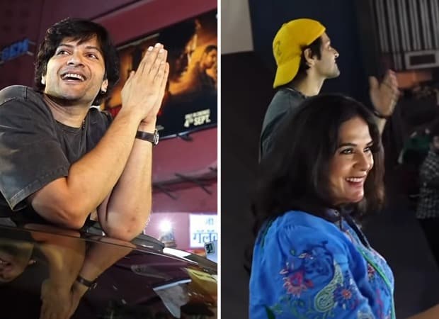 Ali Fazal standing at Gaiety Cinema in Mumbai with a crowd of fans visible behind him during a Mirzapur The Movie screening
