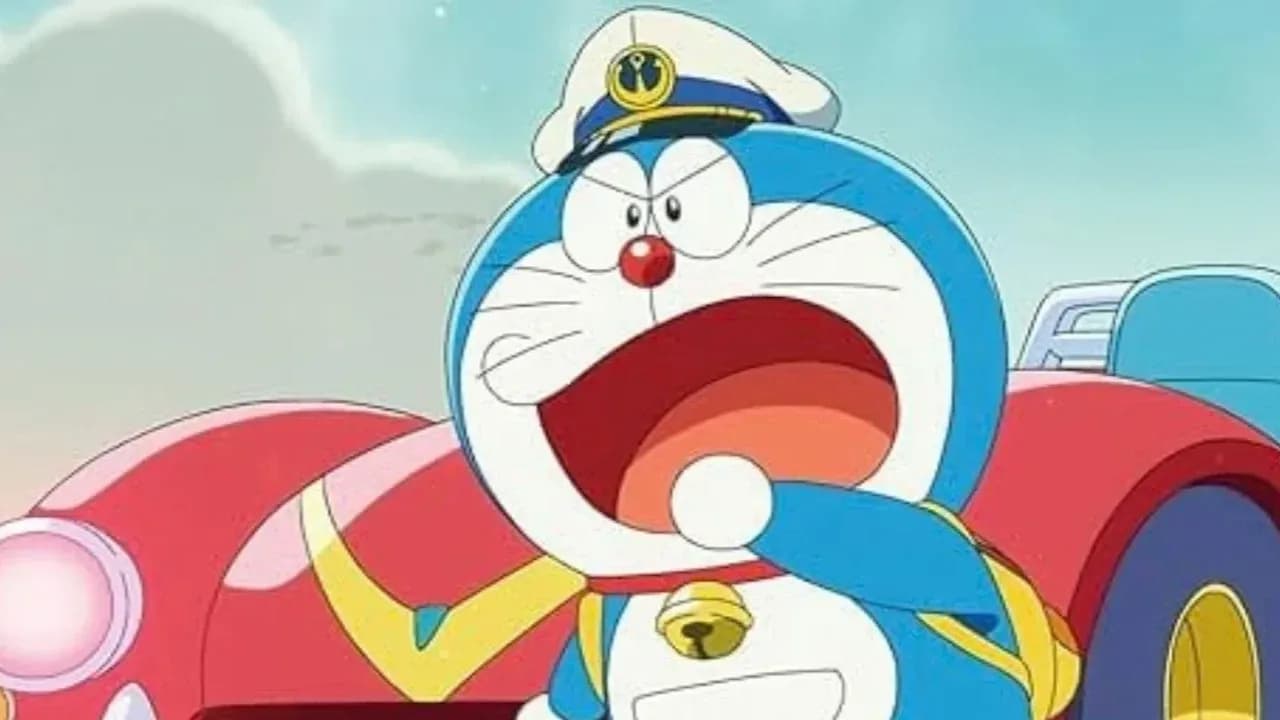 A still from Doraemon Castle of the Undersea Devil showing Doraemon and Nobita swimming through an underwater city.