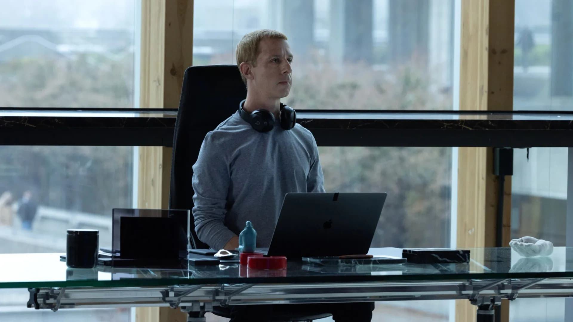 Jeremy Strong as Mark Zuckerberg on the set of The Social Reckoning, looking intense