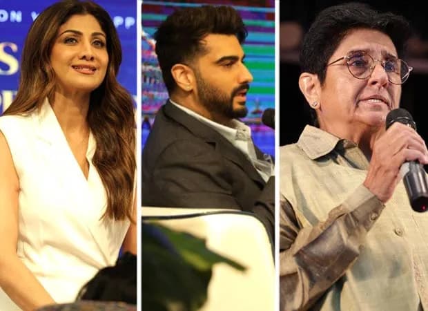 Shilpa Shetty speaking on stage at the World Happpiness Summit in Bengaluru