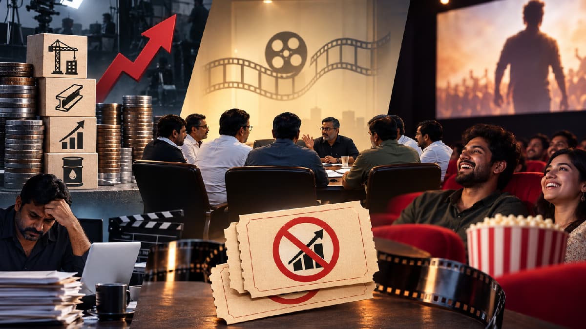 A ticket counter at a Telugu cinema hall with a price board visible behind the glass window.