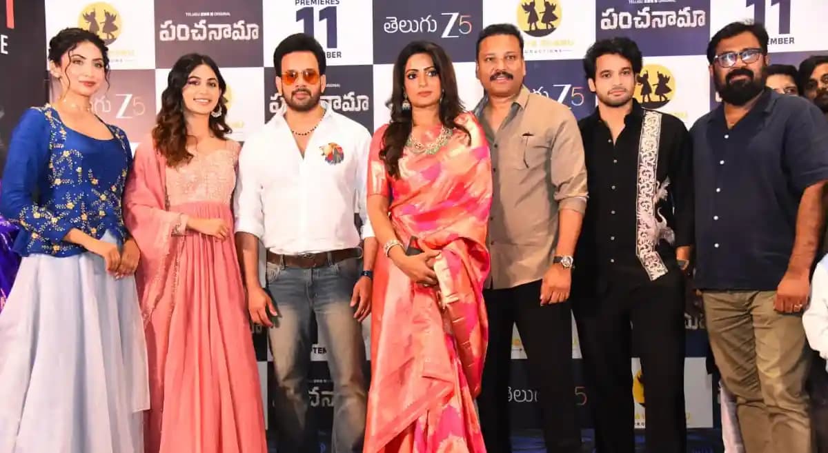 Udaya Bhanu speaking at the press meet for Panchanama alongside cast and crew at Prasad Labs, Hyderabad.