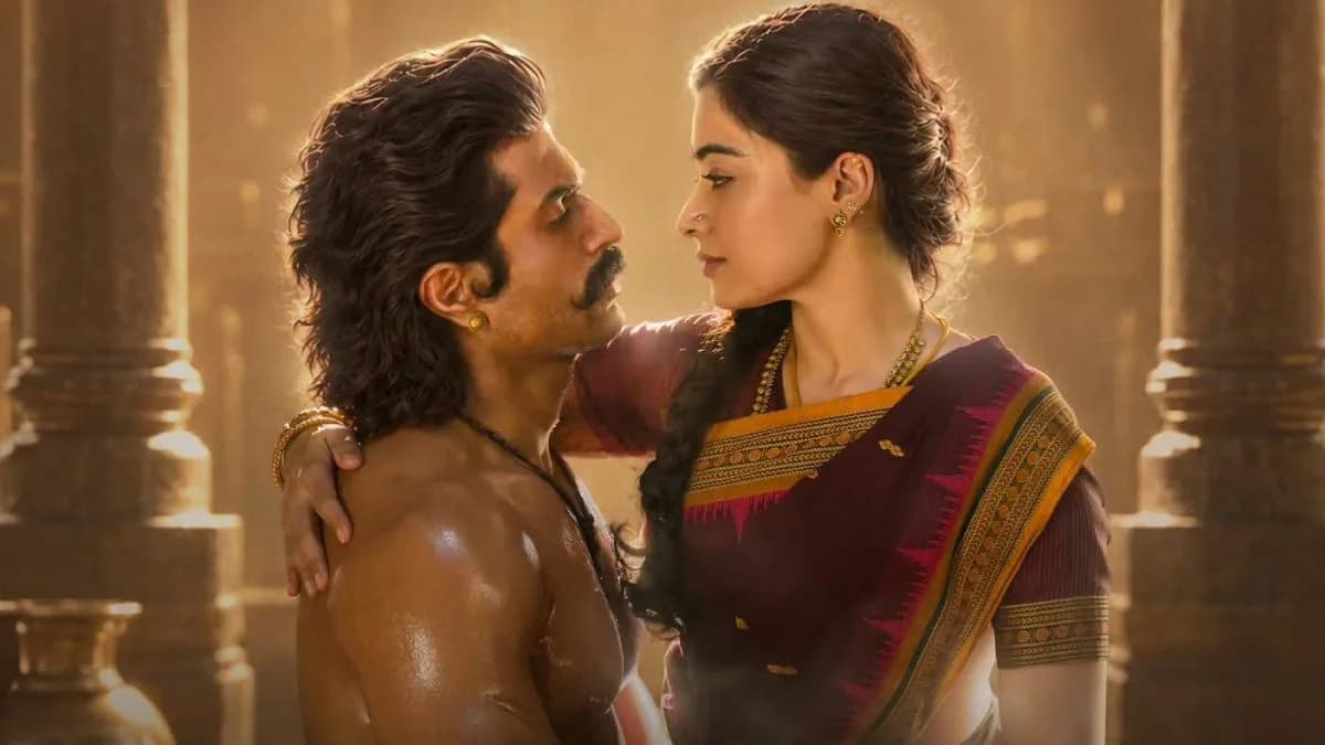 A split image of Vijay Deverakonda and Rashmika Mandanna from Ranabaali on the left, and Rajinikanth from Jailer 2 on the right, both in dramatic poses.