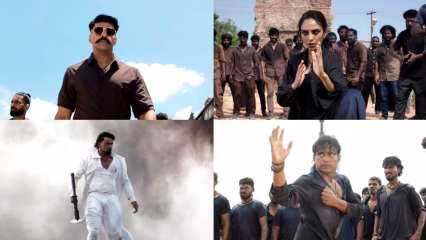A still from the Vettuvam glimpse showing warring clans in a stylised battle sequence with traditional Indian weapons.